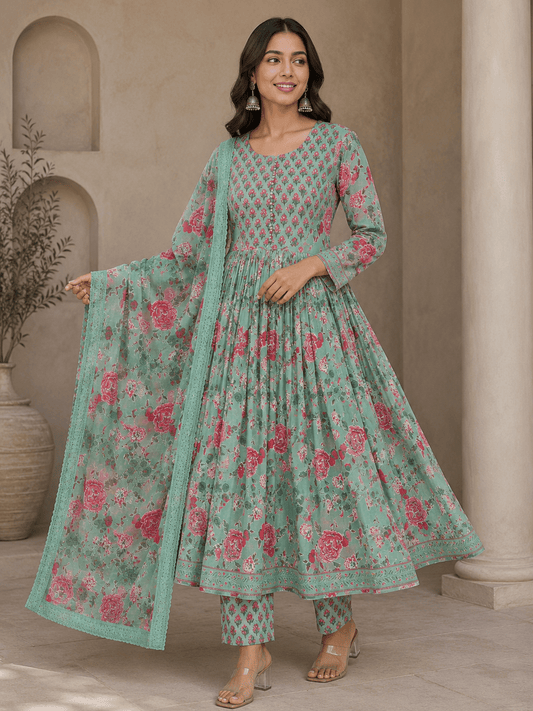 Green Floral Printed Cotton Anarkali Kurti Pant Set