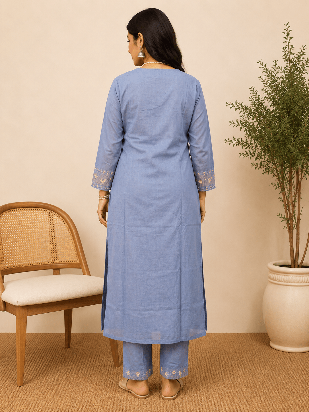 Grey Embroidered Cotton Kurti Pant Set with Mul Dupatta - Mayantiie