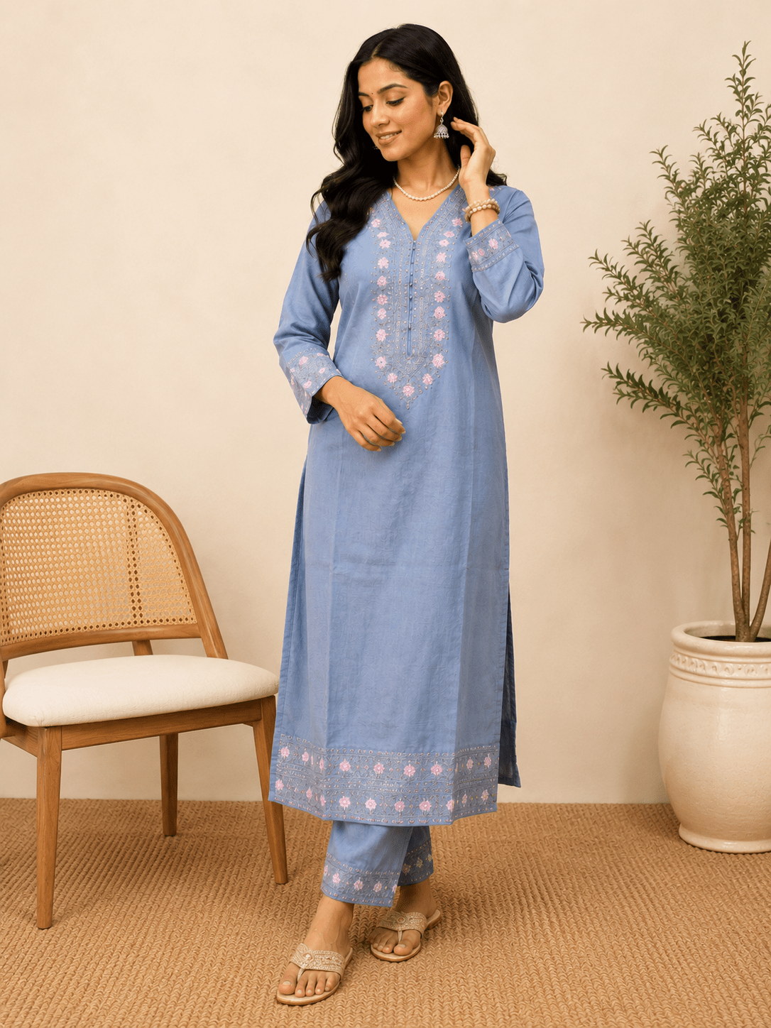 Grey Embroidered Cotton Kurti Pant Set with Mul Dupatta - Mayantiie