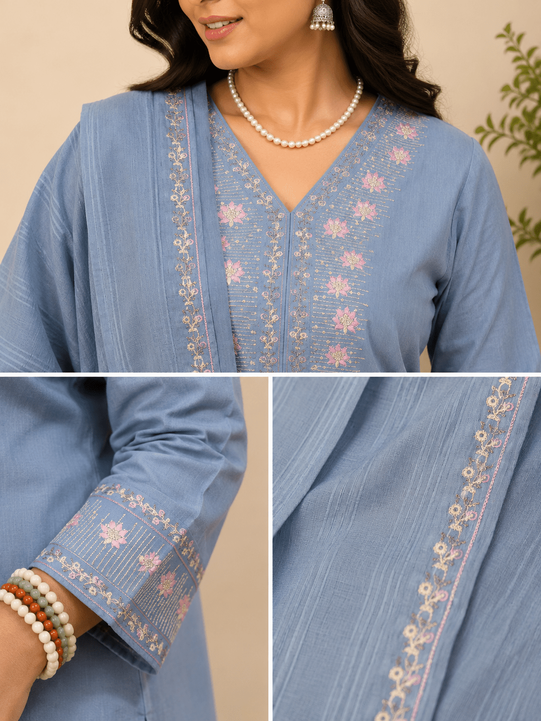 Grey Embroidered Cotton Kurti Pant Set with Mul Dupatta - Mayantiie