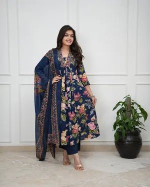 Indigo Blue Bloom Cotton Kurta Pant Set with Dupatta - Mayantiie