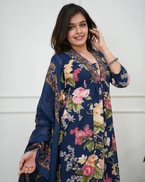 Indigo Blue Bloom Cotton Kurta Pant Set with Dupatta - Mayantiie