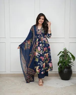 Indigo Blue Bloom Cotton Kurta Pant Set with Dupatta - Mayantiie