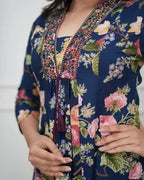 Women Indigo Blue Bloom Cotton Kurti Set with Dupatta