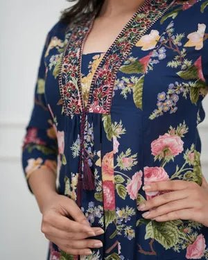 Indigo Blue Bloom Cotton Kurta Pant Set with Dupatta - Mayantiie