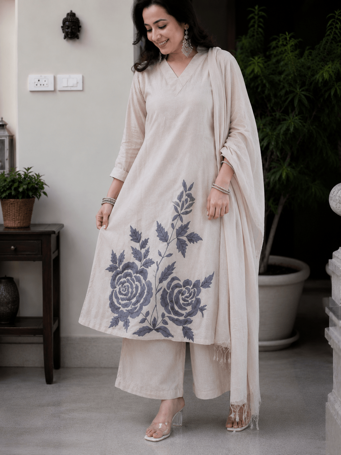 Ivory Bloom Embroidered Khadi Kurta Trouser Set with Dupatta - Mayantiie