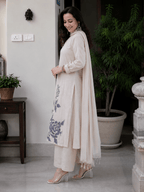 Ivory Bloom Embroidered Khadi Kurta Trouser Set with Dupatta - Mayantiie