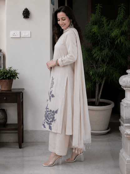 Ivory Bloom Embroidered Khadi Kurta Trouser Set with Dupatta - Mayantiie