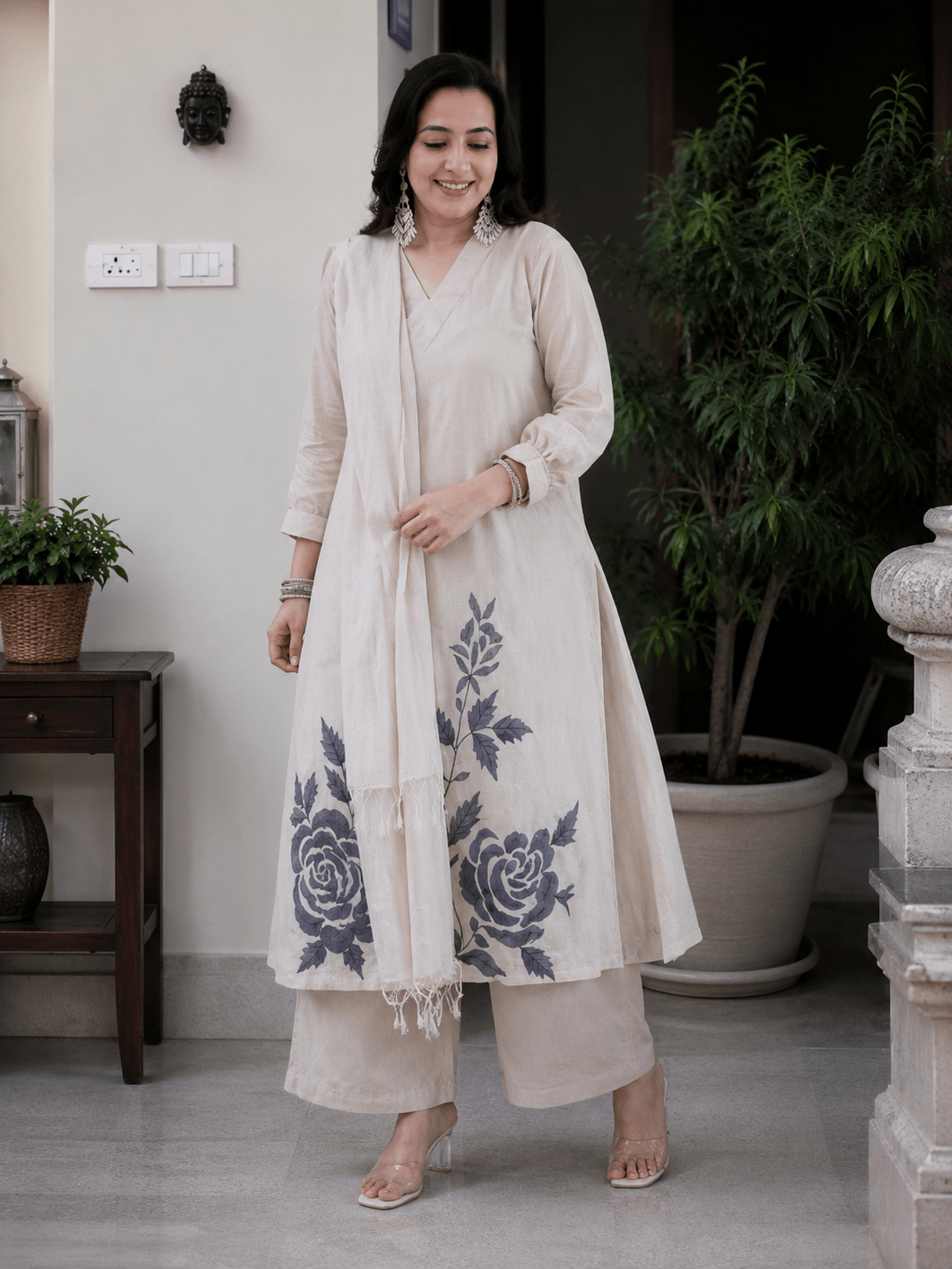Ivory Bloom Embroidered Khadi Kurta Trouser Set with Dupatta - Mayantiie