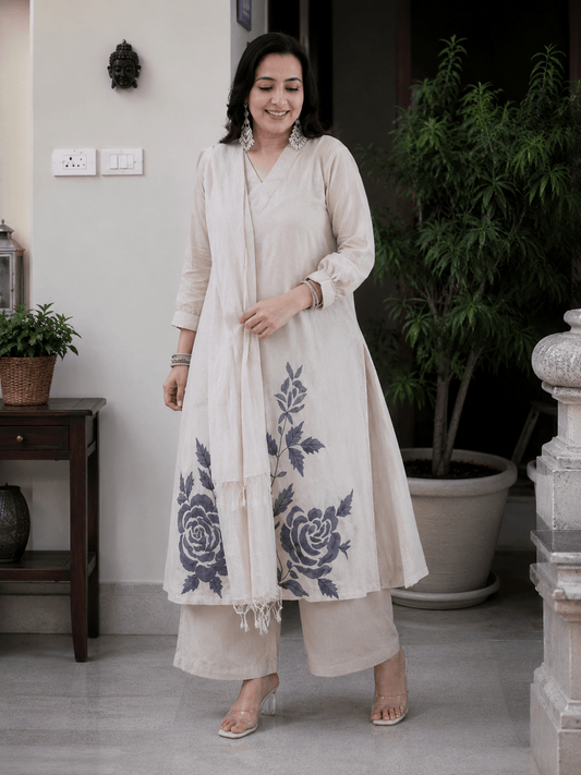 Ivory Bloom Embroidered Khadi Kurta Trouser Set with Dupatta - Mayantiie