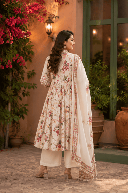 Ivory Bloom Printed Cotton Kurti Pant with Dupatta