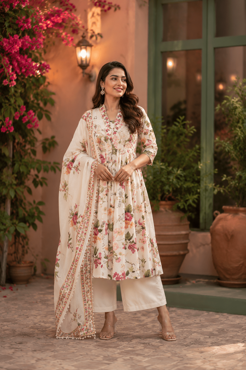 Ivory Bloom Printed Cotton Kurti Pant with Dupatta