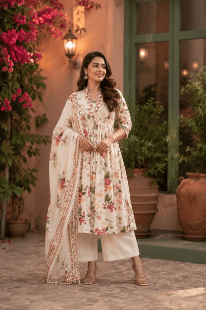 Ivory Bloom Printed Cotton Kurti Pant with Dupatta