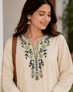 Ivory Cotton Embroidered Kurta Pant & Printed Dupatta Set