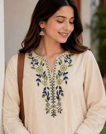 Ivory Cotton Embroidered Kurta Pant & Printed Dupatta Set