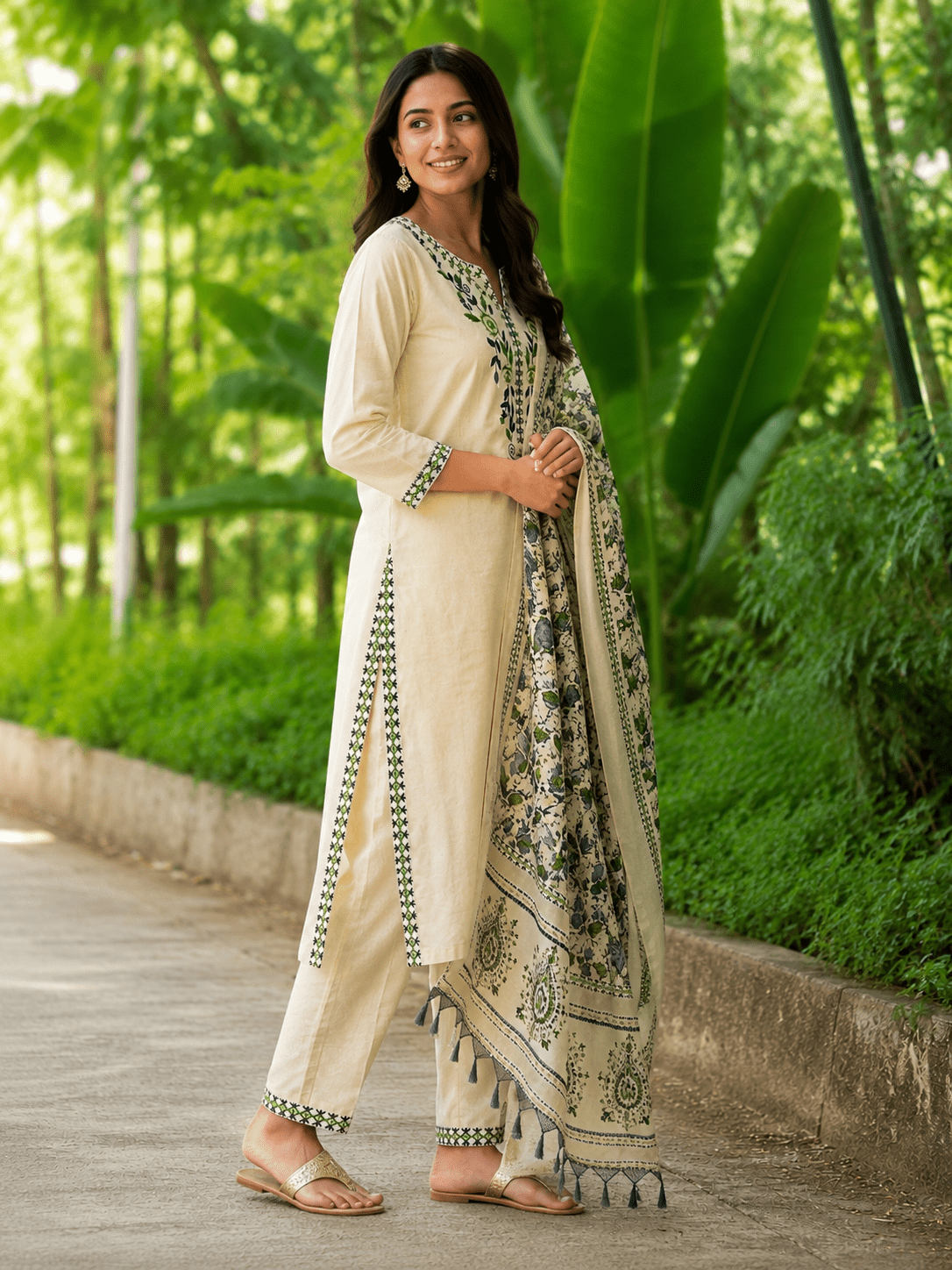 Ivory Cotton Embroidered Kurta Pant & Printed Dupatta Set