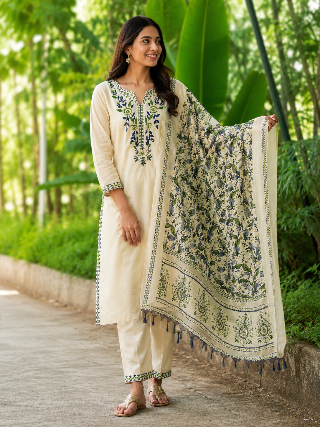 Ivory Cotton Embroidered Kurta Pant & Printed Dupatta Set