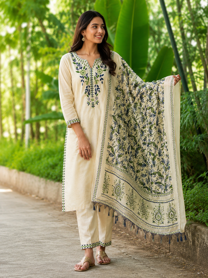 Ivory Cotton Embroidered Kurta Pant & Printed Dupatta Set