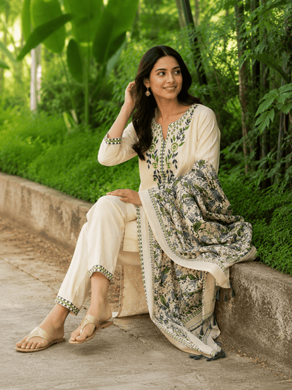 Ivory Cotton Embroidered Kurta Pant & Printed Dupatta Set