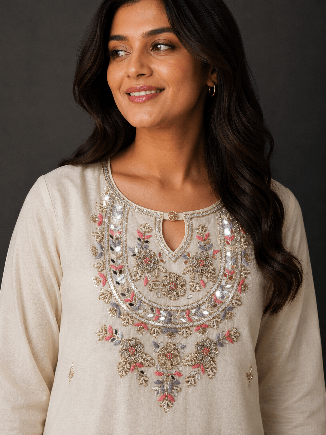 Ivory Embroidered Kurta Set with Banarasi-Inspired Dupatta - Mayantiie