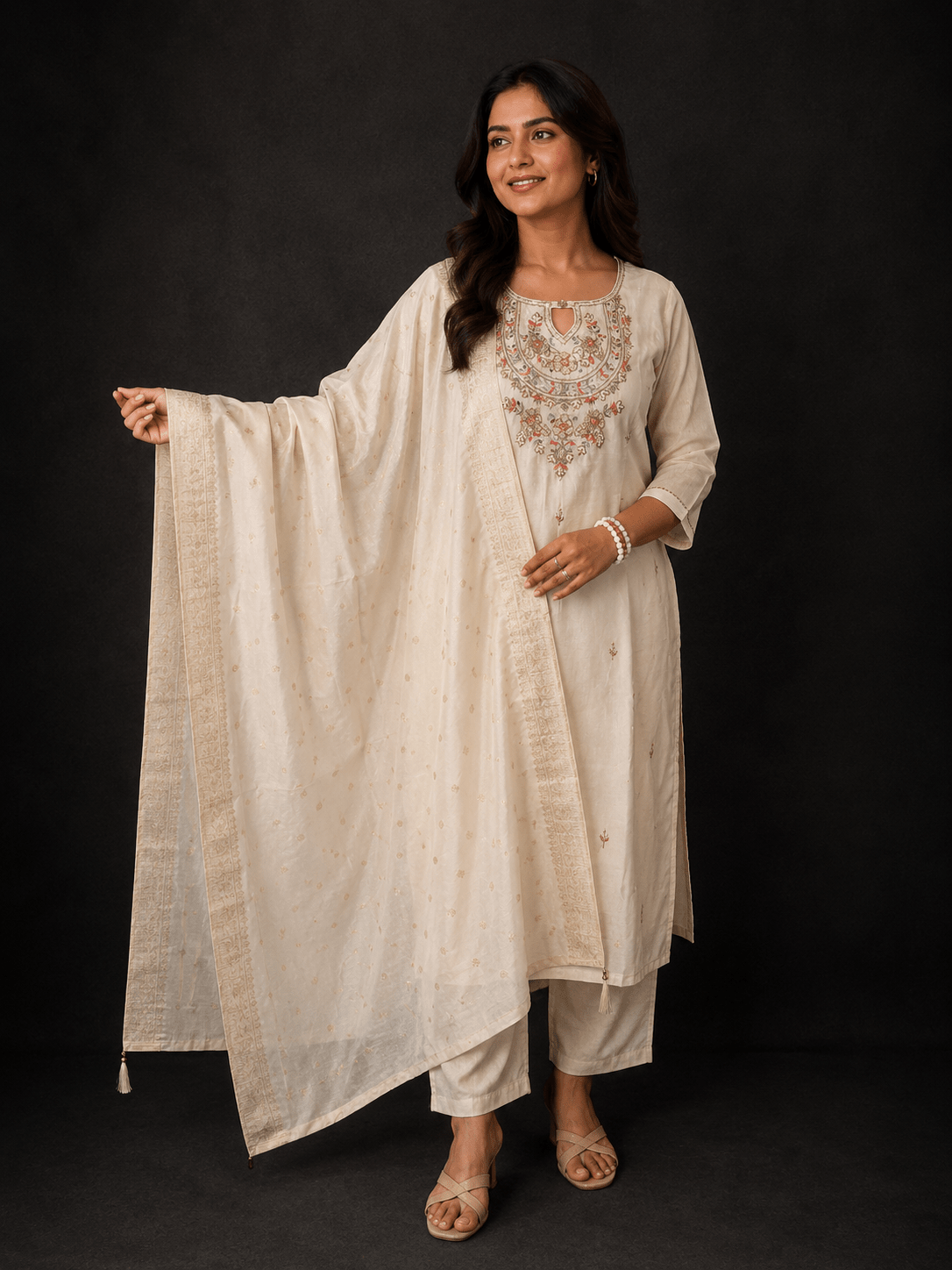 Ivory Embroidered Kurta Set with Banarasi-Inspired Dupatta - Mayantiie