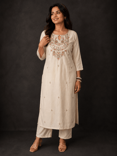 Ivory Embroidered Kurta Set with Banarasi-Inspired Dupatta - Mayantiie
