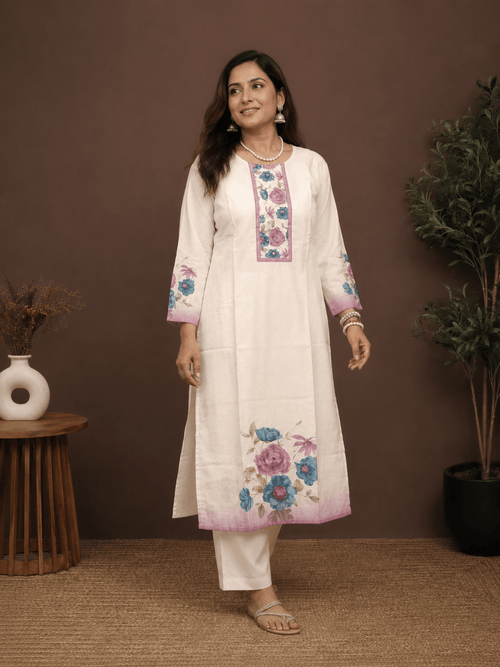 Ivory Floral Lilan Cotton Kurti Pant Set with Dupatta - Mayantiie