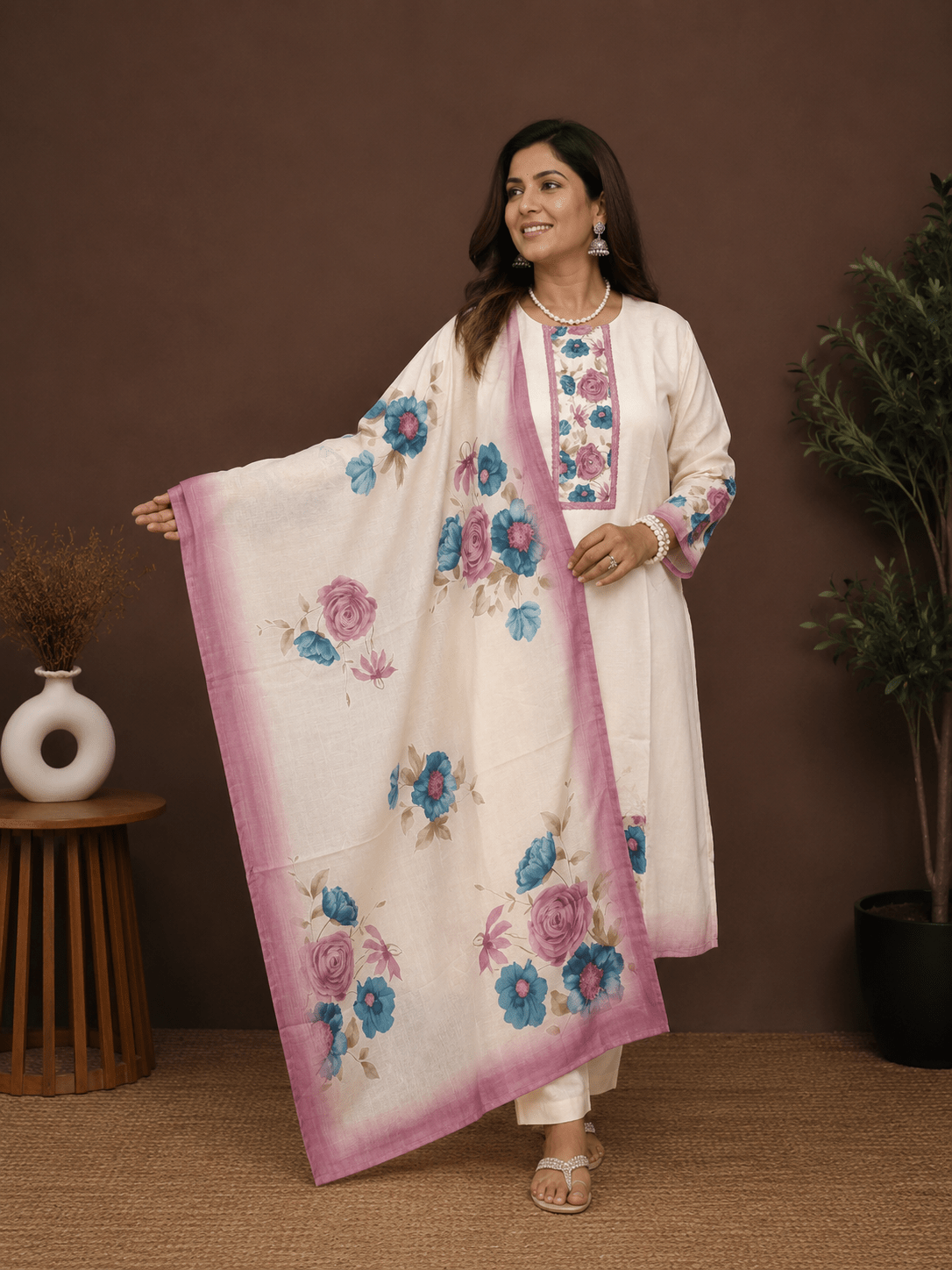 Ivory Floral Lilan Cotton Kurti Pant Set with Dupatta - Mayantiie