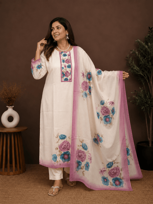 Ivory Floral Lilan Cotton Kurti Pant Set with Dupatta - Mayantiie