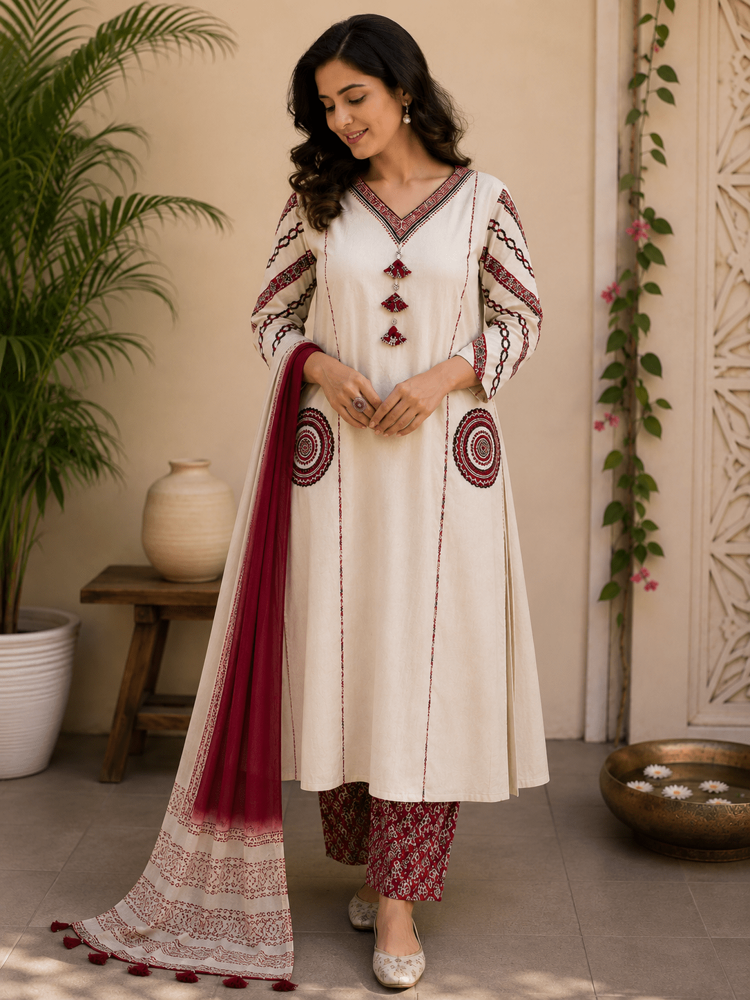 Ivory Tassel Embroidered Cotton Kurta Pant Set with Dupatta - Mayantiie