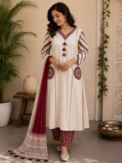 Ivory Tassel Embroidered Cotton Kurta Pant Set with Dupatta - Mayantiie
