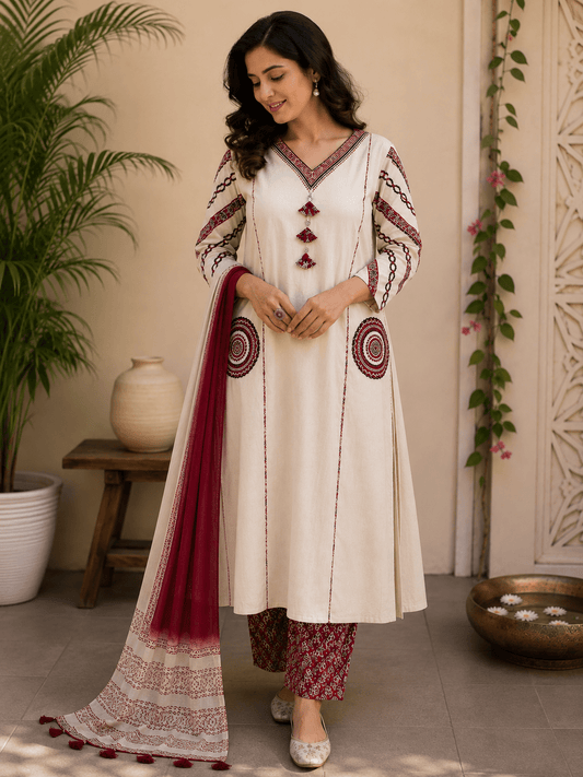 Ivory Tassel Embroidered Cotton Kurta Pant Set with Dupatta - Mayantiie