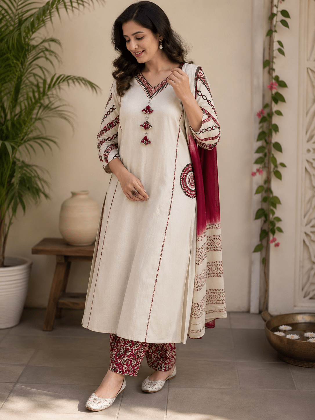 Ivory Tassel Embroidered Cotton Kurta Pant Set with Dupatta - Mayantiie