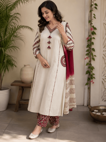 Ivory Tassel Embroidered Cotton Kurta Pant Set with Dupatta - Mayantiie