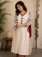Ivory Tassel Embroidered Cotton Kurti Set with Dupatta - Mayantiie