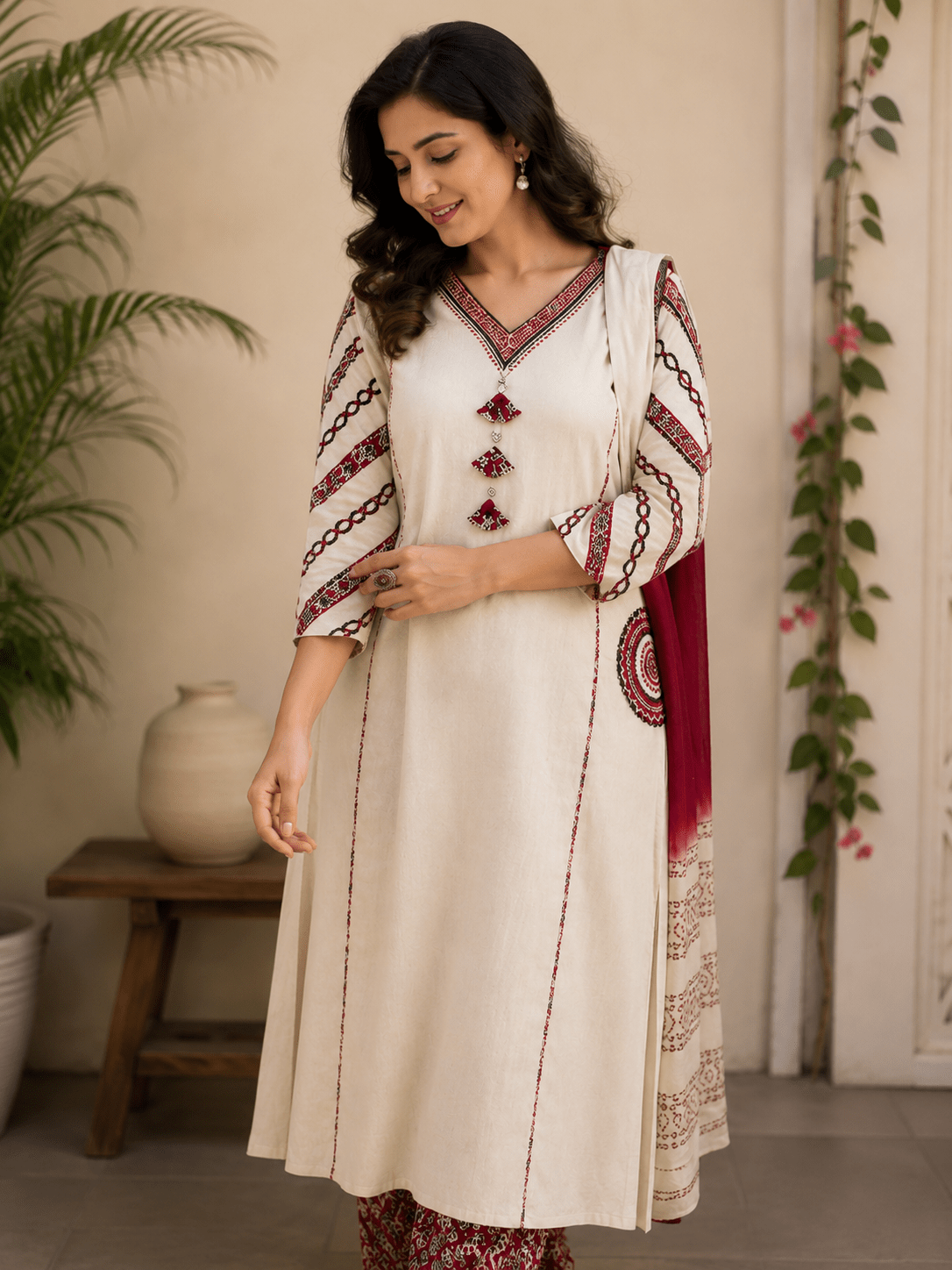 Ivory Tassel Embroidered Cotton Kurta Pant Set with Dupatta - Mayantiie