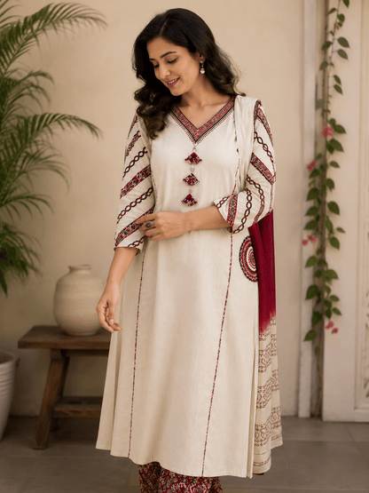 Ivory Tassel Embroidered Cotton Kurta Pant Set with Dupatta - Mayantiie