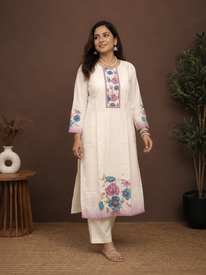 Ivory Floral Lilan Cotton Kurti Pant Set with Dupatta