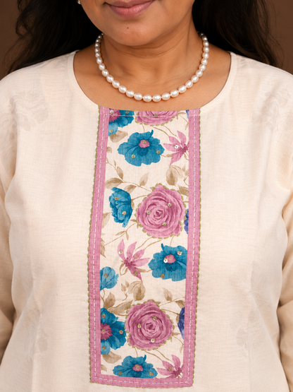 Ivory Floral Lilan Cotton Kurti Pant Set with Dupatta
