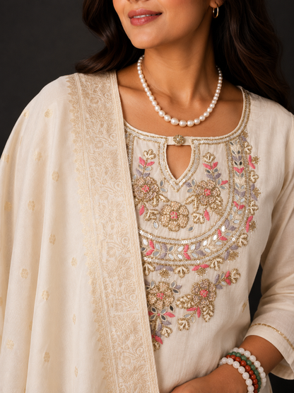 Ivory Embroidered Kurta Set with Banarasi-Inspired Dupatta
