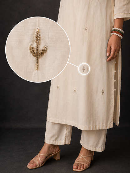 Ivory Embroidered Kurta Set with Banarasi-Inspired Dupatta