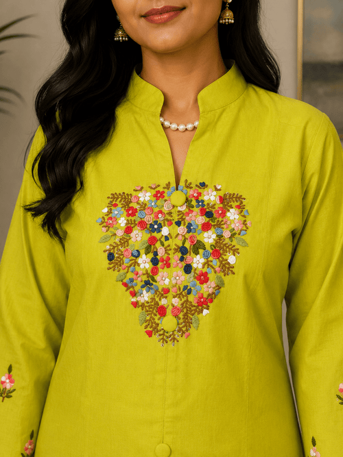 Lemon Yellow Hand-Embroidered Co-Ord Set - Mayantiie