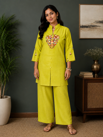 Lemon Yellow Hand-Embroidered Co-Ord Set