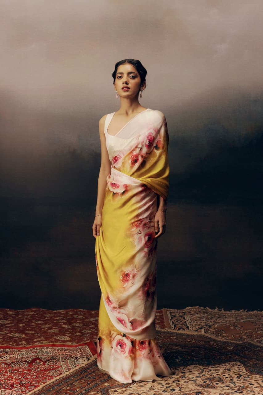 Marigold Yellow Rose Ombre Printed Satin Saree - Mayantiie