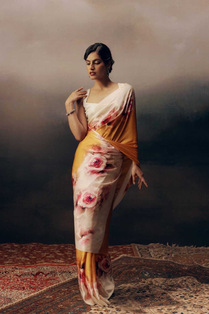 Marigold Yellow Rose Ombre Printed Satin Saree - Mayantiie