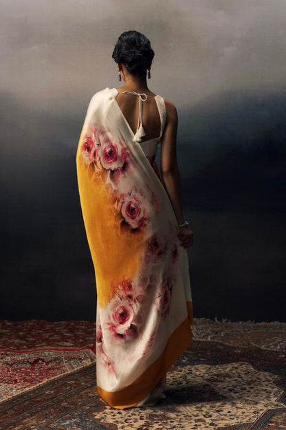 Marigold Yellow Rose Ombre Printed Satin Saree - Mayantiie