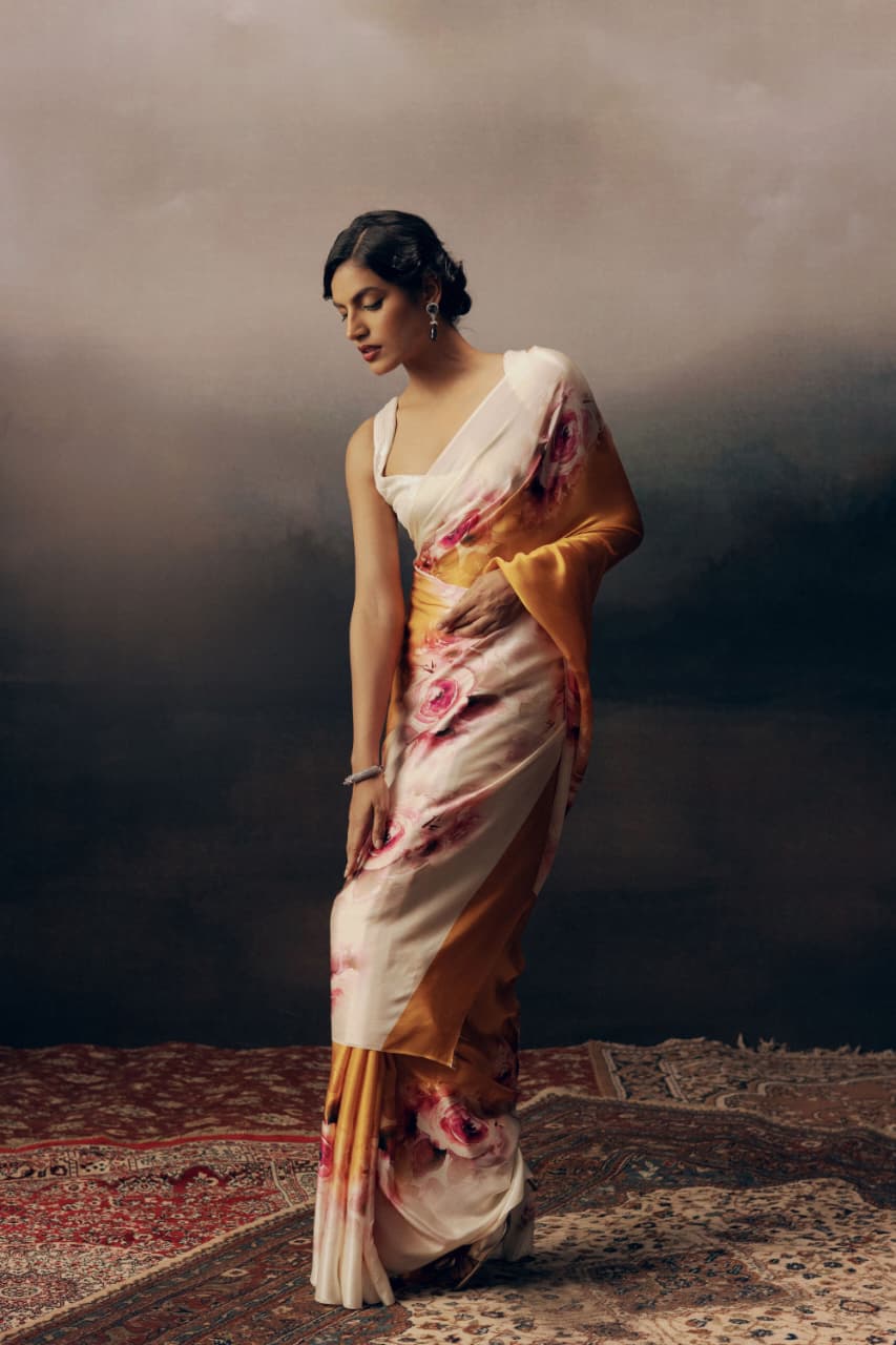 Marigold Yellow Rose Ombre Printed Satin Saree - Mayantiie