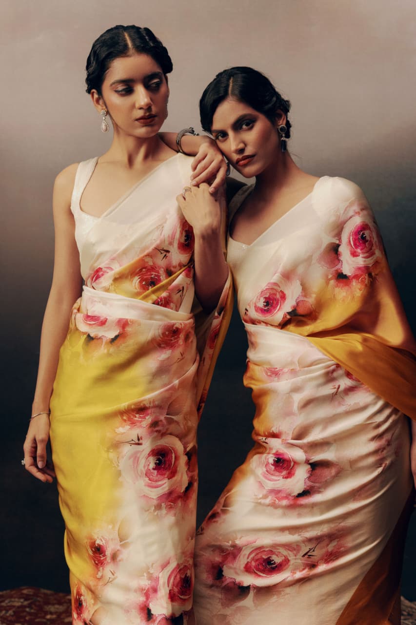 Marigold Yellow Rose Ombre Printed Satin Saree - Mayantiie