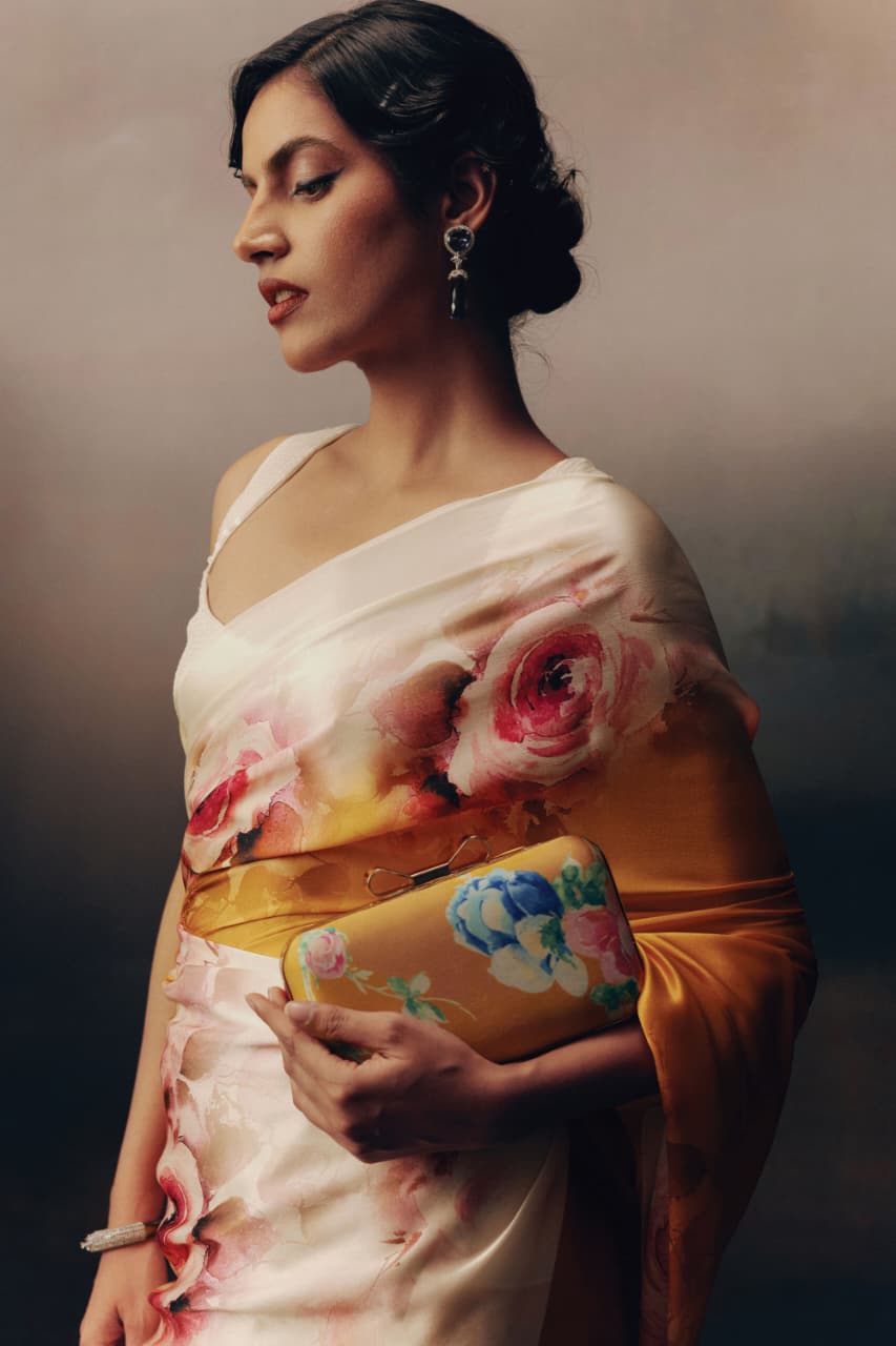 Marigold Yellow Rose Ombre Printed Satin Saree - Mayantiie