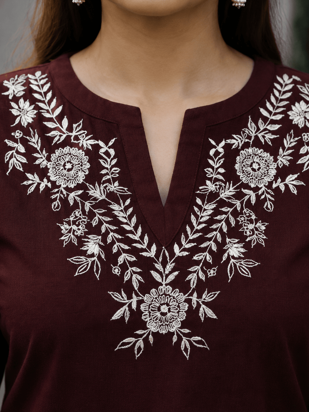 Maroon Embroidered Cotton Kurti Pant Set